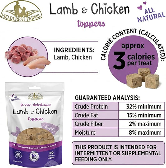 Fieldcrest Farms Freeze-Dried Raw Lamb & Chicken Dog Food Toppers or Treats, All Natural, Real Ingredients, No Additives or Fillers, Protein & Flavor Boost, 12 oz