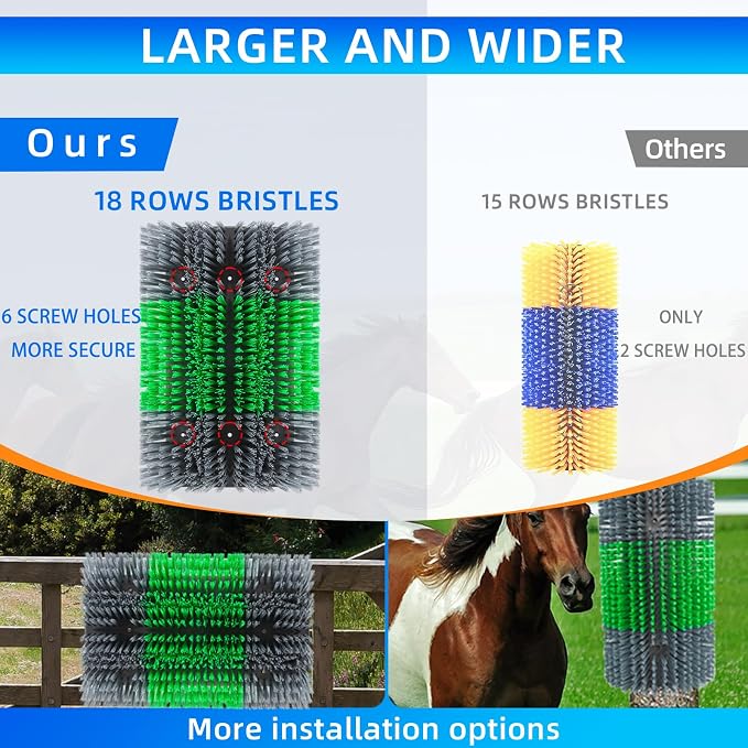 Extra Large Size Livestock Scratching Brush, Upgraded Horse/Goat/Cow/Cattle Scratcher Brush for Grooming, Itch Relief Horse Scratcher Brushes Kit with Two Sets of Mounting Screws(4-Pack,Gray)