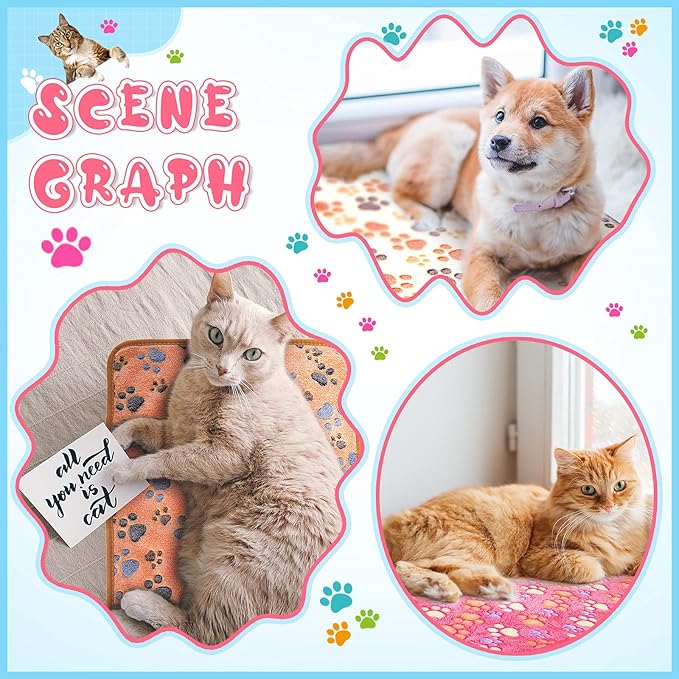 Tatuo 4 Pack Fleece Dog Blankets for Puppy Cats Multi-Size Sleep Mat for Pet Guinea Pig Soft Washable Warm Crate Bed Puppy Teething Toys Print Pattern Blanket Indoor(Pink,24 x 16 Inch,Paw)