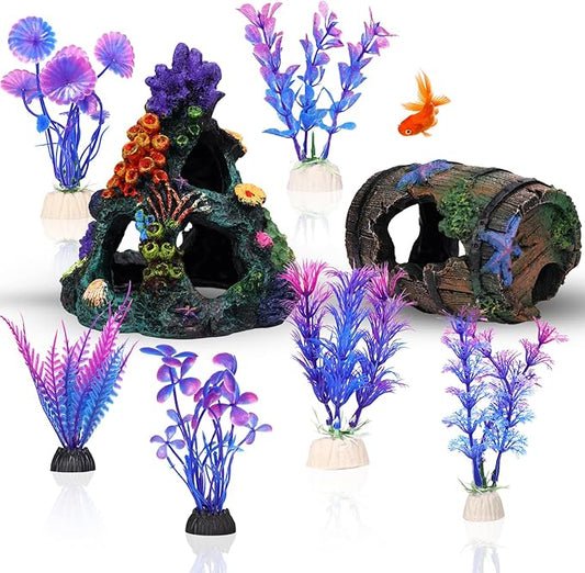 Fish Tank Decoration Betta Fish Aquarium Decorations Accessories, Aquarium Colorful Coral Reef Set, Coral Mountain x 1, Starfish Barrel x 1, Aquarium Decor Plants x 6