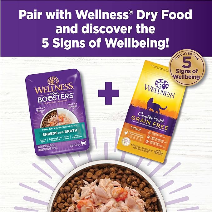 Wellness Bowl Boosters Shreds with Broth Wet Cat Food Topper, Grain Free, Natural, Flaked Tuna and Shrimp Recipe, 1.75 oz, Pack of 12 Pouches