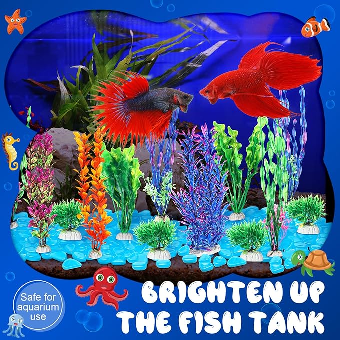 Jexine 117 Pcs Fish Tank Accessories Decorations Set 100 Pcs Glow Blue Betta Fish Rocks Stones 15 Pcs Artificial Plastic Fake Aquarium Plants 2 Pcs Hammock Plant Leaf Pad for Aquarium Bowl Decor