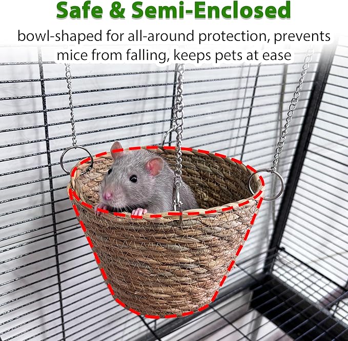 Natural Grass Rat Hammock for Cage, Tightly Woven Non-Collapse Rat Bed, Chew Proof Rodent Hammock for 1-2 Rats to Snuggle, Hanging Bowl-Shaped Rats Cage Bed with Sturdy Hooks for Full Protection