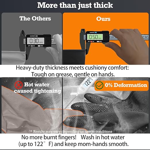 Thick Rubber Cleaning Gloves - 2 Pairs Black Rubber Gloves for Dishwashing Large, Non-Slip Kitchen Gloves for Washing Dishes, Reusable Cleaning Gloves, Waterproof, Heavy-Duty (2P,L)