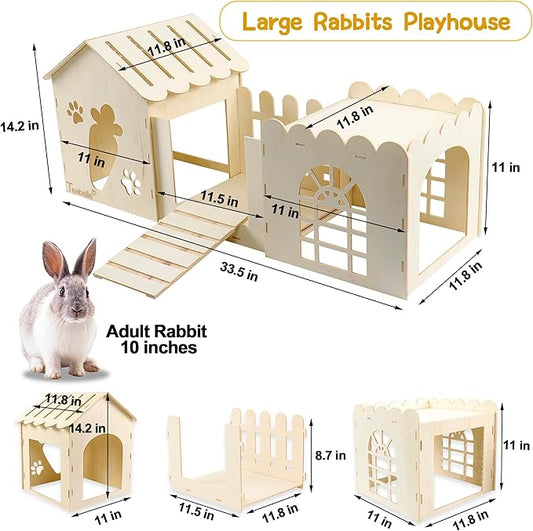 Large Rabbit Wooden Hideout House, Multi-Chamber Small Animal Wooden Castle Cage, Bunny Playhouse Habitat Decor Tunnel for Dwarf Rabbit Guinea Pig Chinchilla Hedgehog Squirrel