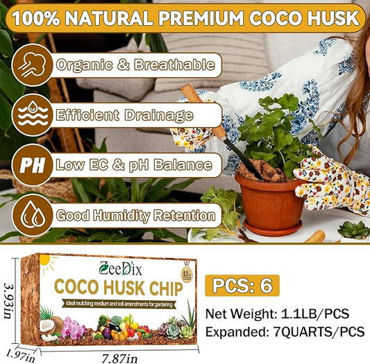 Zeedix 6 Pack Coco Husk Chips for Plants, 100% Organic Coconut Chips Mulch with Low EC & PH Balance, All Purpose for Indoor Plant Flowers Herbs Vegetables, Reptiles Terrarium Tanks Substrate(6.6LB)