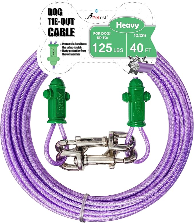 Petest Reflective Tie Out Cable with Crimp Cover for Heavy Dogs Up to 125 Pounds, 40 Feet