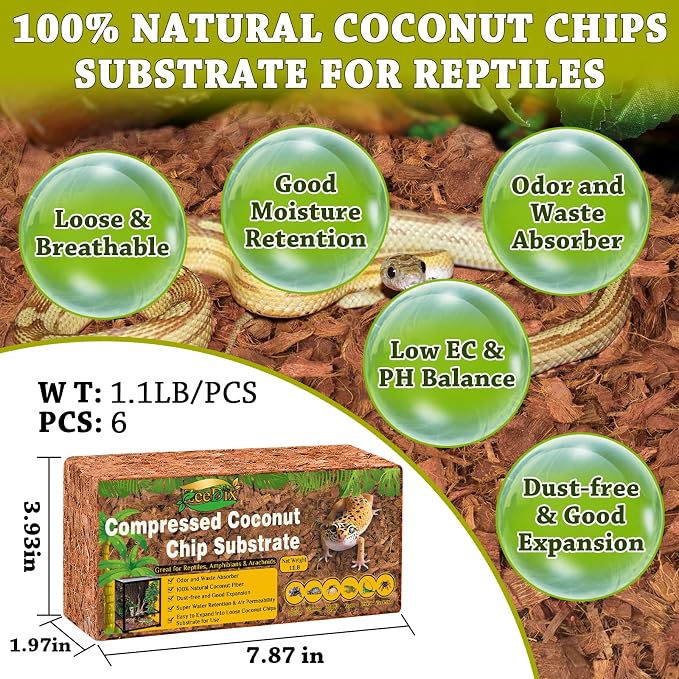ZeeDix 6 Pack Coconut Husk for Reptiles, Organic Coconut Fiber Reptile Terrarium Substrate, Coco Husk Chips Reptile Bedding for Snakes, Tortoises, Ball Python, Geckos, Lizards, Hermit Crab, Tarantula