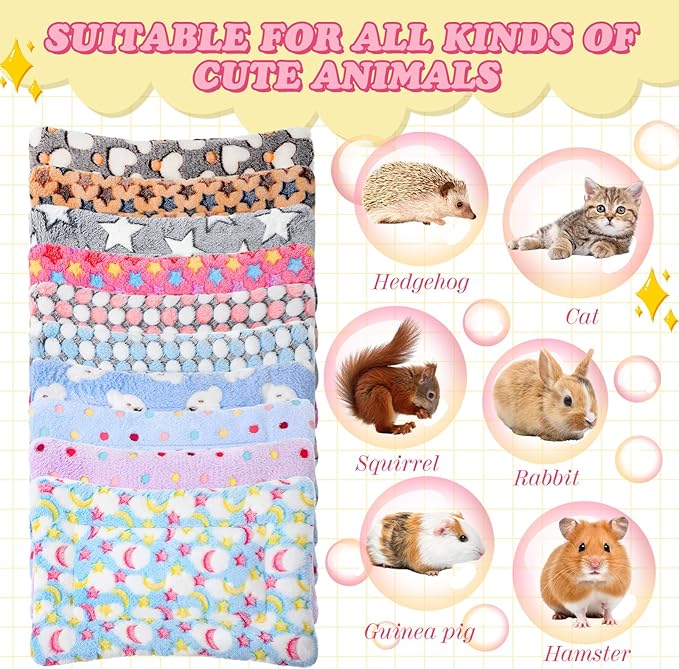 Tudomro 10 Pcs Guinea Pig Bed Mat with Cleaning Dustpan Brush 15" x 11" Animal Bedding Fleece Bunny Sleeping Pad for Small Dogs Cats Rats Hedgehogs Ferrets Hamster Indoor(Dots Star)