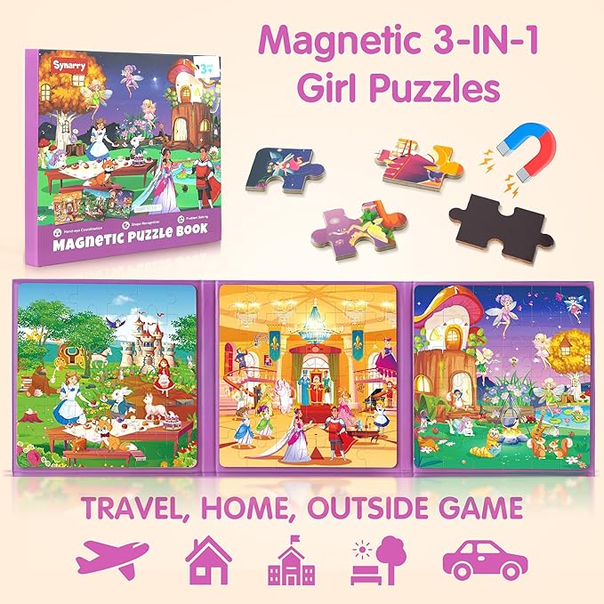 SYNARRY Princess Fairy Party Magnetic Puzzles for Toddlers 3-5 Girls, 36 Pieces Travel Puzzles for Kids Ages 4-6, Easter Basket Stuffers Gifts for Kids, Car Airplane Road Trip Activities Toy