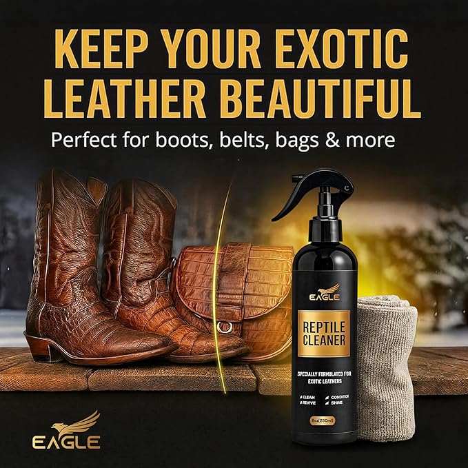 Exotic Leather Cleaner & Conditioner Spray – Cleans, Conditions & Protects Alligator, Crocodile, Snakeskin, Lizard, Ostrich & More – 8oz with Microfiber Cloth – Boots, Shoes, Bags, Belts