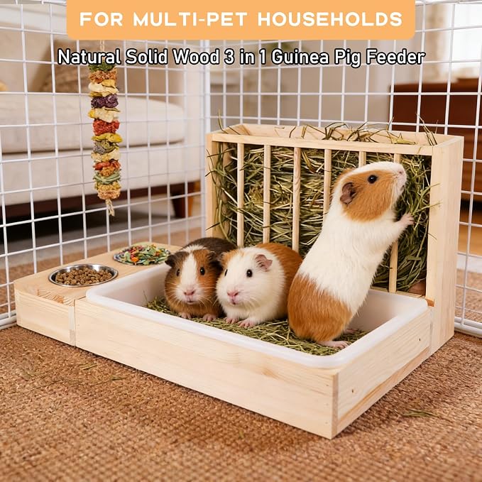 3 in 1 Wooden Guinea Pig Hay Feeder Mess Proof with Litter Box, for Guinea Pig, Chinchillas, and Other Small Animals
