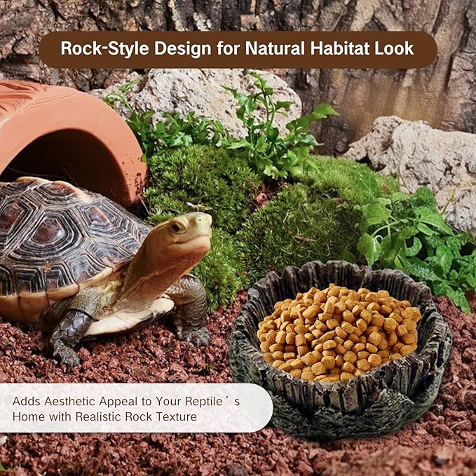1 Pack Small Reptile Food Dish Resin Rock Worm Water Bowl for Bearded Dragon Leopard Gecko Lizard Hermit Crab Snail Frog Toad Anti Turnover Feeding Accessories Set