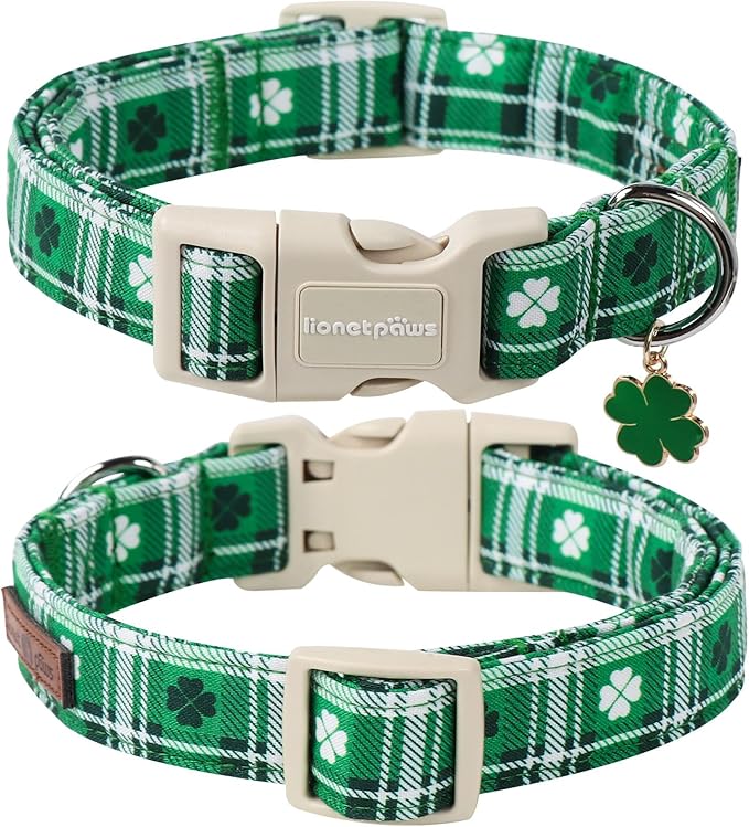 Lionet Paws St. Patrick Dog Collar, Comfortable Adjustable Green Collar with Green Grid Pattern for X-Small Male Female Puppies Dogs Collars, Neck 8-12 inches