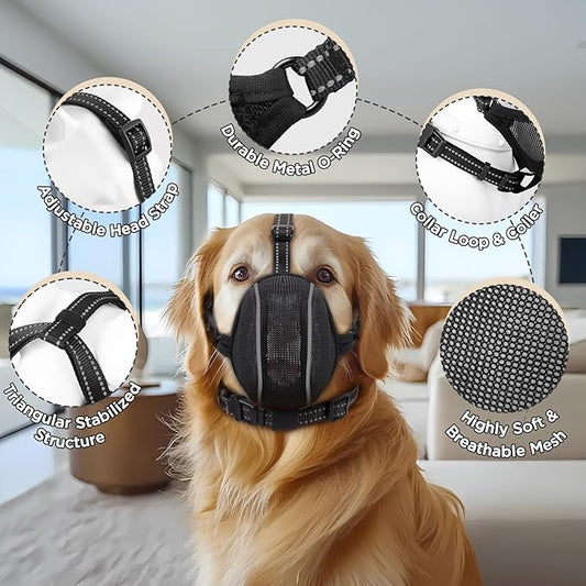 Dog Muzzle - Soft Breathable Mesh Nylon Adjustable Muzzle for Small Medium Large Dogs Prevents Chewing,Biting & Scavenging | Allows Panting, Drinking & Grooming | Secure Collar Strap Design(Black XL)