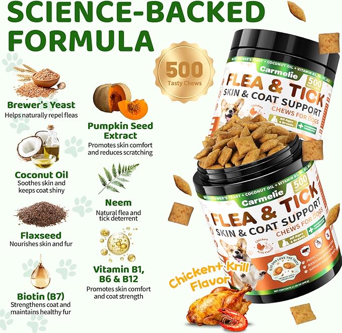 Flea and Tick Prevention for Dogs Chewables, 500ct Dog Flea and Tick Treatment with Multivitamins - Support Skin & Coat - Tasty Treats for All Breeds - Crunchy & Savory Chicken and Krill Flavor