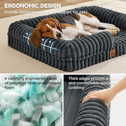ChiXnuggle Orthopedic Dog Bed with Bolster Sides for Sleeping, Fluffy Plush Rectangular Dog Bed Large Sized Dog, Luxury Striped Faux Fur Waterproof Dog Couch with Removable Washable Cover, Dark Grey