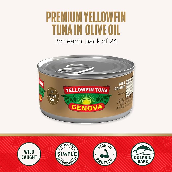 Genova Premium Yellowfin Tuna in Olive Oil, 3 Ounce Cans (Pack of 24), Wild Caught Canned Tuna, Solid Light