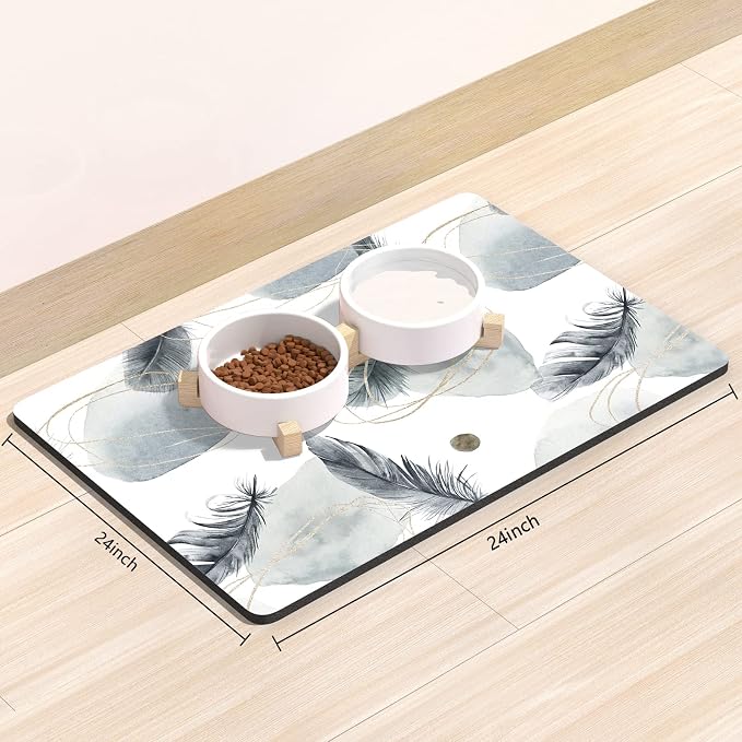 Rnivvi Dog Food Mat, 16" x 24" Absorbent Dog Cat Bowl Mat for Food and Water, Cute Anti-Slip Rubber Pet Feeding Rug Protect Floors, Puppy Placemat for Feeding & Watering Supplies, Abstract Plume