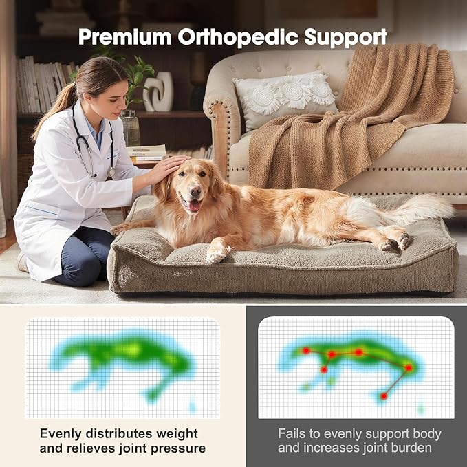 FURTIME XXL Orthopedic Dog Beds Large Sized Dog, Extra Thick Supportive Comfort Pet Sofa, Ergonomic Slant Dog Couch Bed with Removable Washable Cover, Ultra Soft Surface & Non-Slip Bottom, Brown, 48"