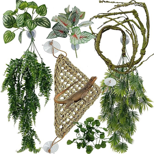 Reptile Plants for Bearded Dragon Tank Accessories, Terrarium Plant Artificial Decor for Snake Cage, Fake Plant for Leopard Gecko Habitat, Lizard Chameleon Ball Pythons (Group EN)