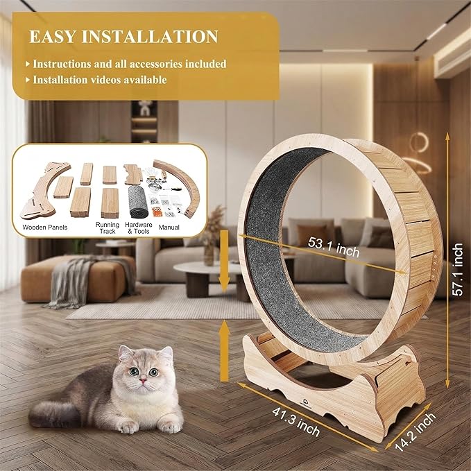 Cat Exercise Wheel, 53" XXL Large Cat Treadmill with 7:3 Golden Ratio Design, Quiet and Sturdy Running Wheel with Detachable Carpet for Indoor Cats
