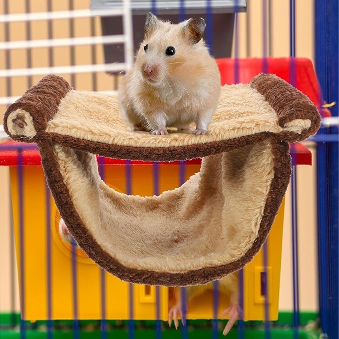 Chinchilla Hammock and Warm Hamster Bed Hanging Nest with Fleece Lining, Large Size Brown Cage Accessory for Squirrels, Hamsters, and Small Pets
