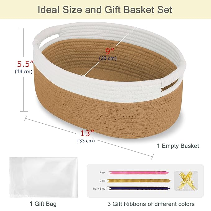 Small Woven Basket with Gift Bags and Ribbons, Empty Baby Gift Baskets for Kids Women Men, Shelf Storage, Small Cat Dog Pet Toy Boxes, 13”x 9”x 5.5”, Camel