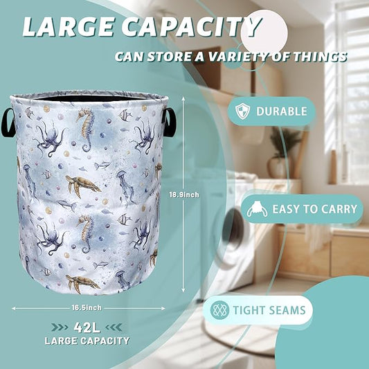 Colorful Octopus Seahorse Laundry Basket Foldable With Handles Tote Bag Oxford Cloth Funny Laundry Hamper Clothes Storage Bucket Toy Organizer 18.9" x 16.5" For Bathroom/Laundry/Bedroom