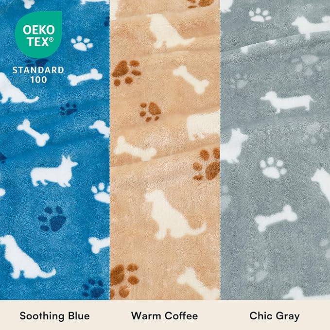 Luciphia 3 Pack Dog Blankets, Soft Fleece Puppy Blanket with Cute Bone Print, Cozy Pet Throw Blanket for Crate Couch Bed Travel, Machine Washable, Blue/Grey/Khaki,23x16