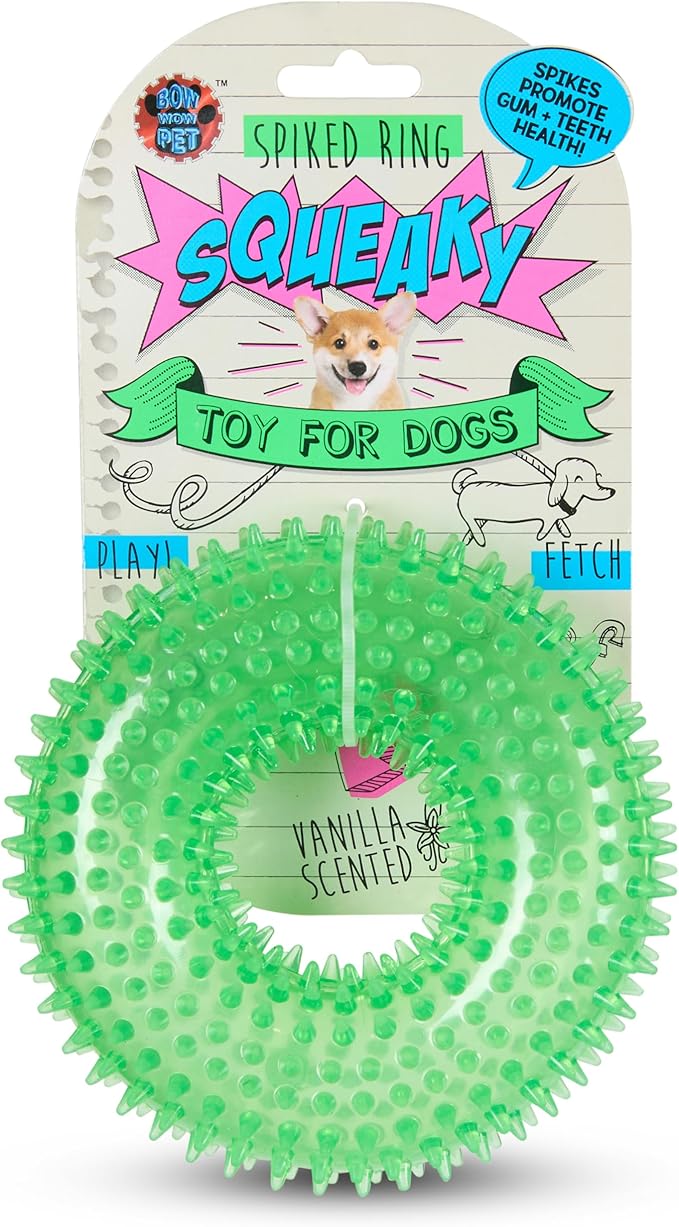 Bow Wow TPR Spiked Squeaky Dog Toy – Dental Ring or Bone – Vanilla Scented, Colorful, and Fun – Gum Massaging Spikes for Everyday Play