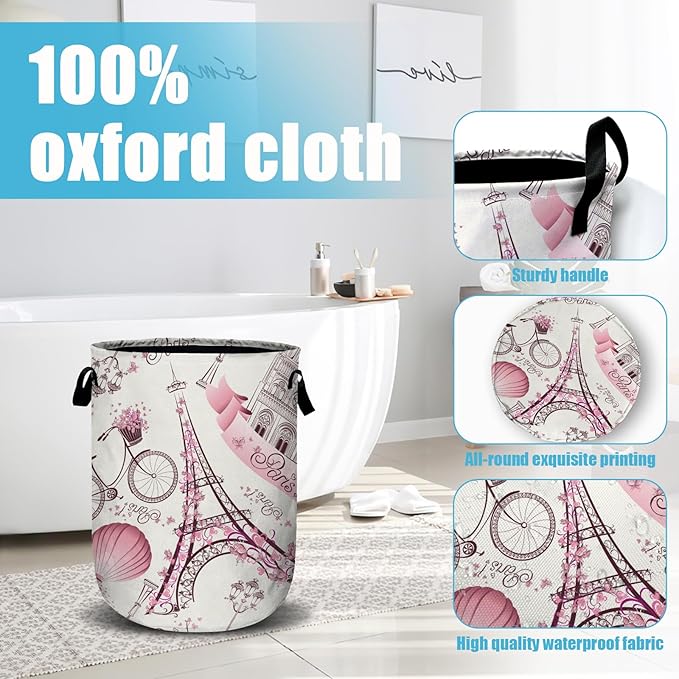 Romantic Paris Eiffel Tower Laundry Basket, Laundry Hamper Collapsible Oxford Cloth with Handle Clothes Storage Bin for Bathroom Laundry Room Bedroom 15.7 X 20 Inch