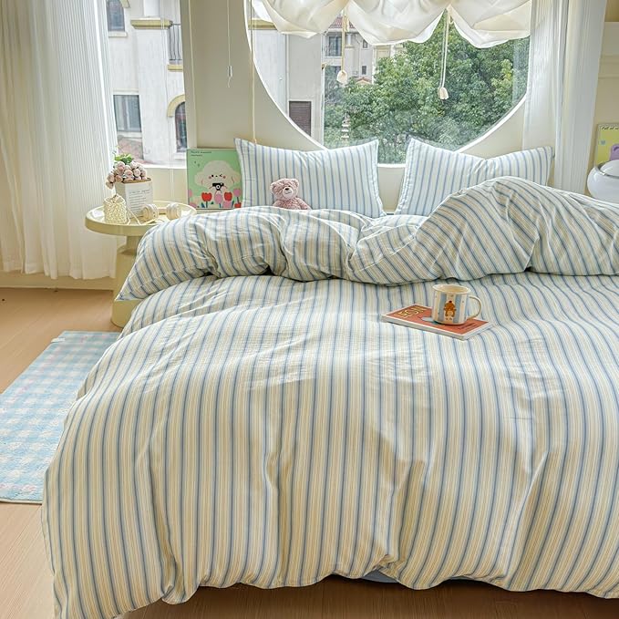 BlueBlue Stripe Duvet Cover Set Twin 100% Cotton Soft Lightweight Gauze Bedding Blue Line Stripes on White 1 Abstract Geometric Comforter Cover 2 Pillowcases (Twin)