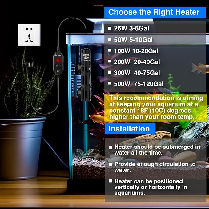 Aquarium Heater 100W, Submersible Fish Tank Heater with LED Digital Display, Auto Power-Off When Leaving Water & High Temp Protection, for Fresh and Salt Water Tanks 10-20 Gal