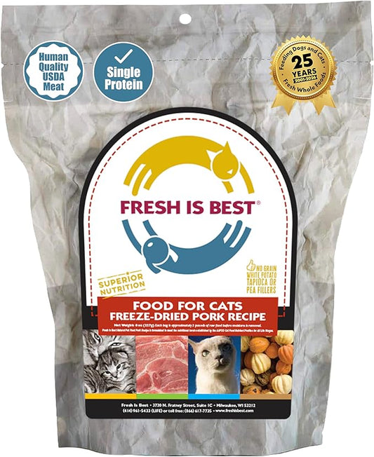 Fresh Is Best Pork Freeze Dried Cat Food – Raw Cat Food for Kittens & Adult Felines – High-Protein Freeze Dried Pork in Resealable Zipper Bag – Made in the USA – 8 oz