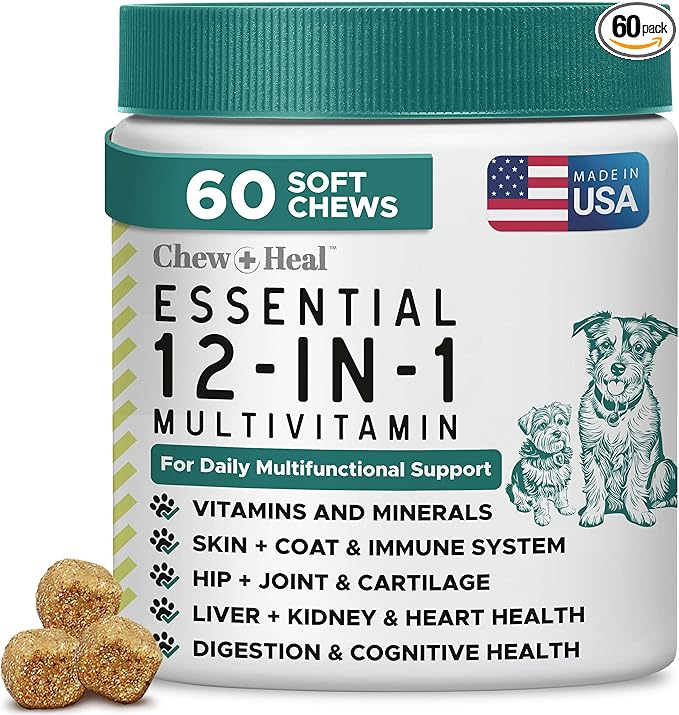Dog Multivitamin Chewable - Chew + Heal 12-in-1, 60 Ct, All Breeds Dog Vitamins & Supplements for Hip & Joint, Skin, Coat, Immune Support with Glucosamine, Omega 3,6,9, Probiotics, Chicken Flavor
