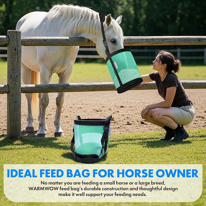 Horse Feed Bag Pack of 2 (Reinforced Bottom Edging), Feed Bags for Horses with Ventilation Mesh, Comfort Nose Pad Neck Pad, Adjustable Strap, Spill Proof Design for Feeding Grain, Supplements