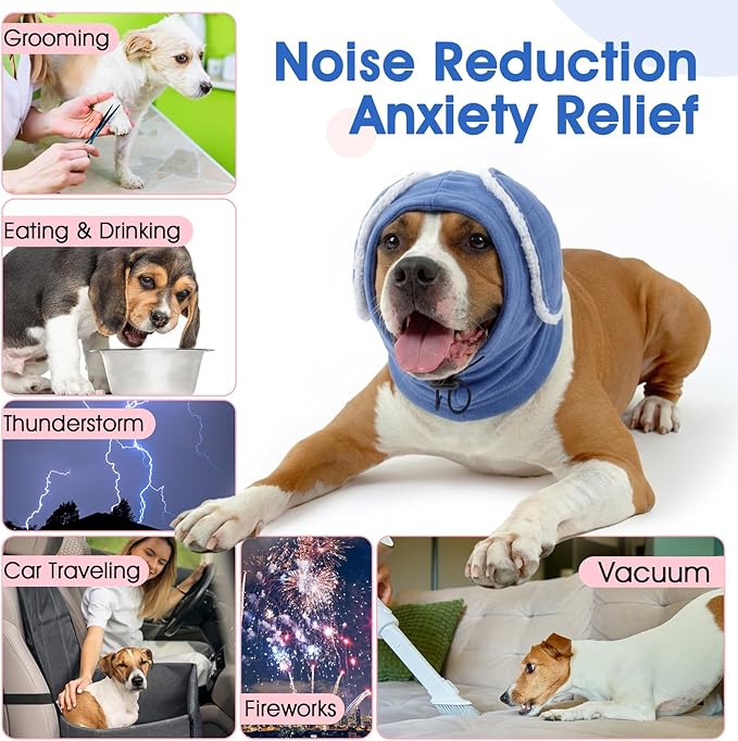 Dog Ear Protection - Adjustable Dog Ear wrap, Warm Dog Calming Hoodie with Sound-Absorbing Pads, Anxiety Relief, Dogs Ear Covers for Noise, Firework, Drying, Grooming, Outdoor (Blue, XL)