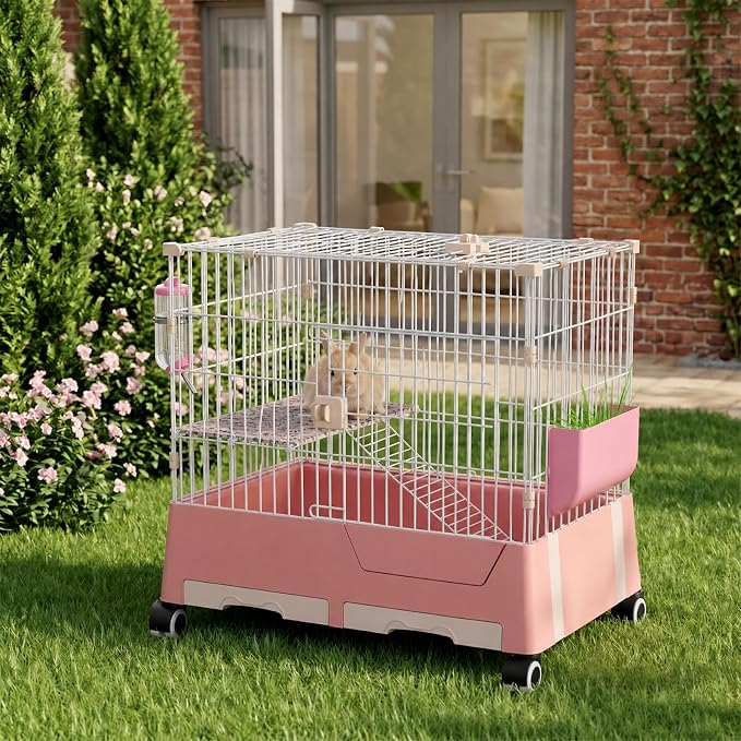 STILLCOVE 2-Tier Rabbit Cage: Small Animal Pets Enclosure with Water Bottle | Hay Feeder, Liner, Dustpan & Brush Set, Guinea Pig Hamster Bunny Hutch, Small Pet Habitat for Ferret Chinchilla Rodent Indoor