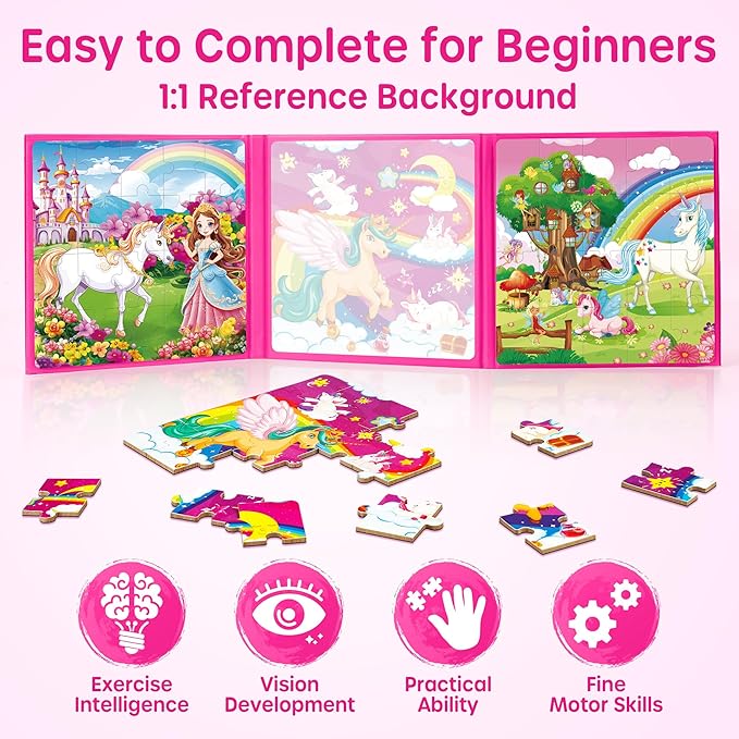 SYNARRY Unicorn Princess Fairy Magnetic Puzzles for Toddlers 3-5 Girls, 20 Pieces Travel Puzzles for Kids Ages 4-6, Easter Basket Stuffers for Kids, Car Airplane Road Trip Activities Magnet Games Toy
