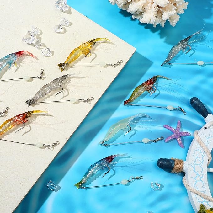 Honoson 35 Pcs Saltwater Fishing Lures Shrimp Baits Set Luminous Shrimp Bait with Beads and Hooks Fishing Lure with Hooks for Freshwater Saltwater Trout Bass Salmon