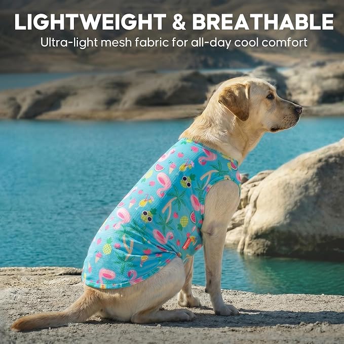 KYEESE 2Pack Dog Shirt, Lightweight Sun Protection Dog T Shirts for Medium Large Dogs Boy Girl, Breathable Mesh Tank Top Sleeveless Pet Reflective Vest, Soft Summer Dogs Clothes, Flamingo+Blue, 2XL
