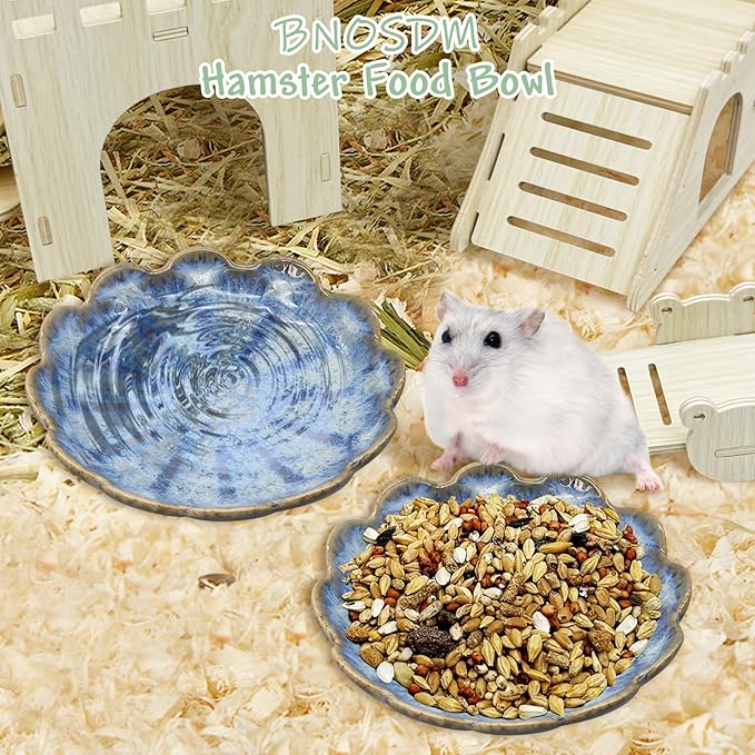 BNOSDM Shallow Ceramic Hamster Food Dish 2 Pcs Small Animals Food Bowl Sunflower Feeding Dishes for Gerbils Mice Rats 4.5in (Dark Blue)
