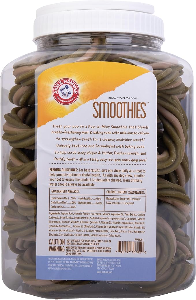 Arm & Hammer Smoothies Dental Chews for Dogs with Baking Soda & Calcium, Fight Bad Breath, Plaque & Tartar without Brushing, Mint Flavor, Ring Shaped, 32 Count, 2.4 lb Bucket
