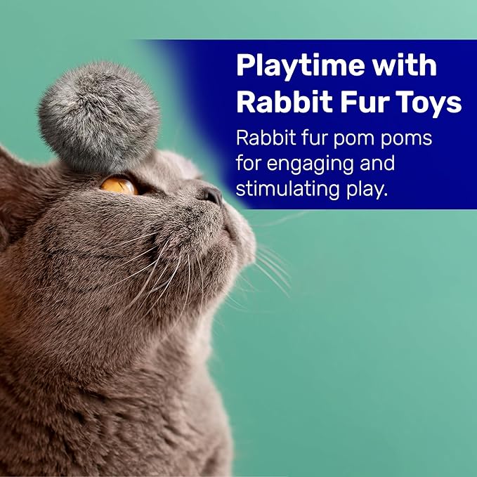 Kats'N Us 2 Inch Real Rabbit Fur Pom Pom Cat Toys – Pack of 5 Soft Gray Furry Balls, Natural Prey-Like Interactive Play, Hunting Instinct Exercise & Training Toys for Indoor Cats