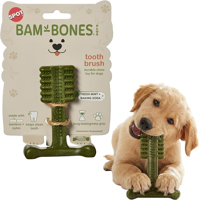 SPOT Bam-Bones Plus Toothbrush Dog Chew Toy for Small Dogs 10–30 lbs, Bamboo & Nylon Dental Chew with Mint & Baking Soda, Cleans Teeth & Freshens Breath, for Moderate to Heavy Chewers, 4 Inch