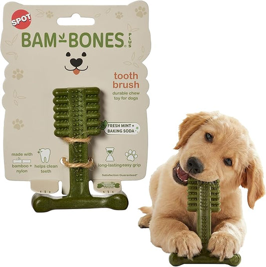 SPOT Bam-Bones Plus Toothbrush Dog Chew Toy for Small Dogs 10–30 lbs, Bamboo & Nylon Dental Chew with Mint & Baking Soda, Cleans Teeth & Freshens Breath, for Moderate to Heavy Chewers, 4 Inch