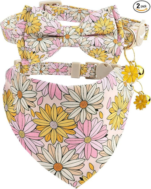 Faygarsle 2 Pack Floral Cat Collar Set with Bandana and Bow Tie, Pink and Yellow Daisy Pattern, Breakaway Safety Buckle