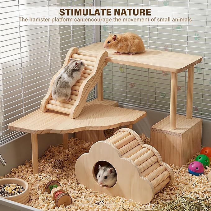 4 PCS Natural Wood Hamster Cage Accessories Set, Multi-Level Habitat Decor with Cloud Hideout, Climbing Ladder & Standing Platforms, Exercise Playground for Syrian Hamsters, Gerbils, Mice (A)