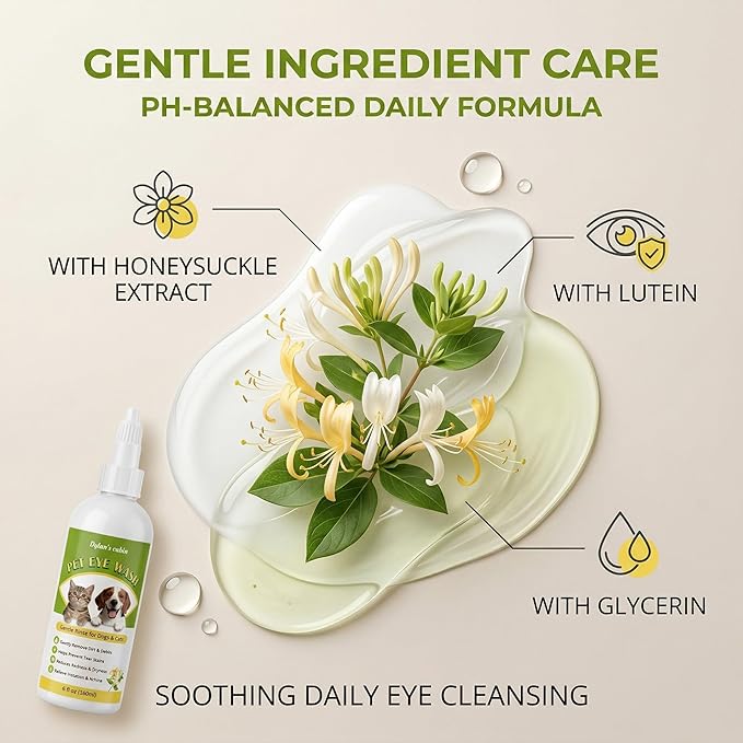 Dylan's cabin Dog Eye Cleaner Wash - Daily Tear Stain Care Eye Drops Clean Dirt Debris Tear Residue, pH-Balanced Formula with Glycerin, Honeysuckle Extract Lutein, 6 fl oz